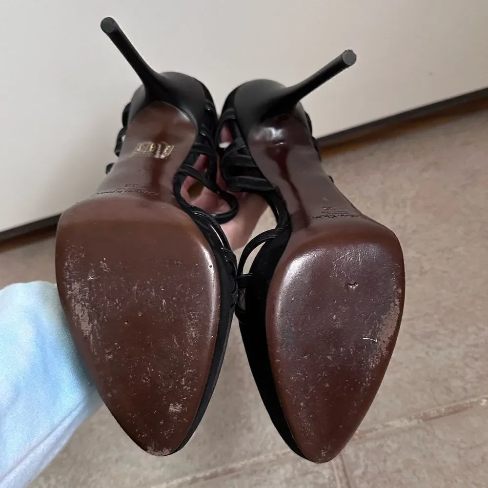 Calvin Klein Collection Black Satin Suede‎ Platform Pumps with Strap Size 9 8.5
